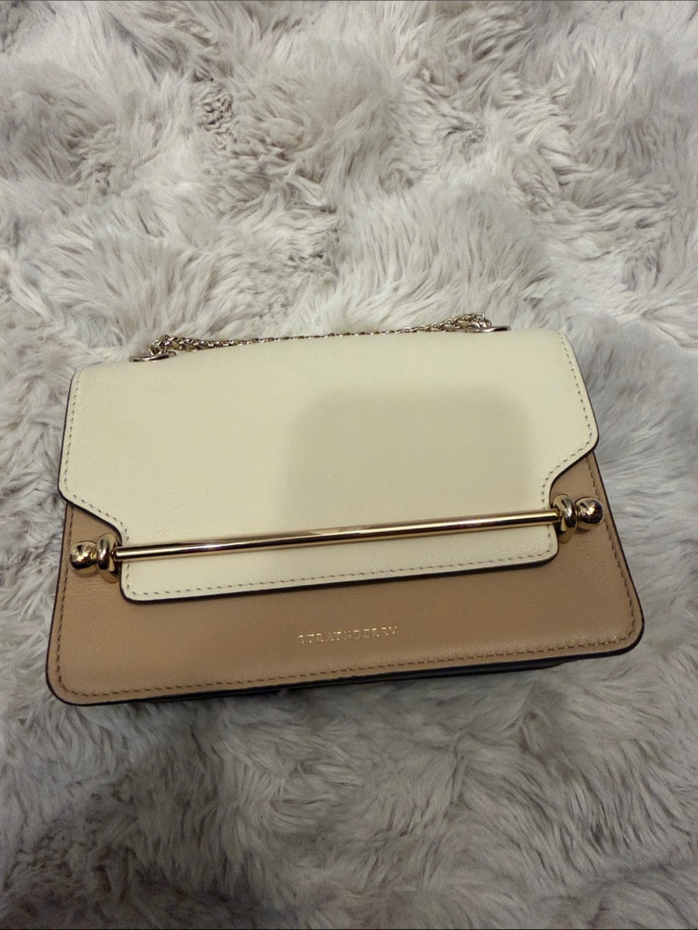 Strathberry Two-Tone Ivory and Tan Leather Crossbody with Gold Bar